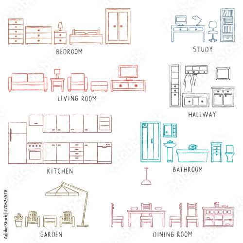 Colorful hand drawn house related furniture elements