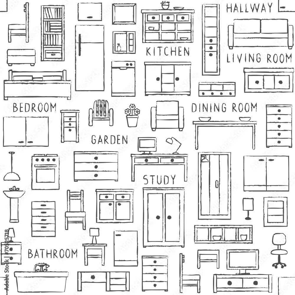 Vector seamless pattern with hand drawn furniture