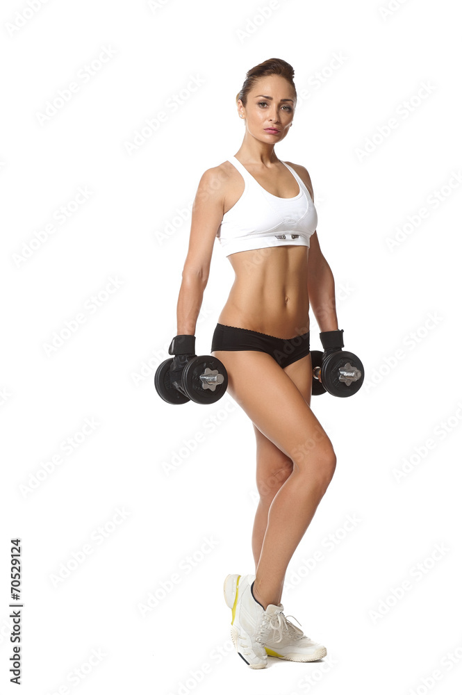 young fit woman lifting dumbbells on white background young fit woman lifting dumbbells on white background