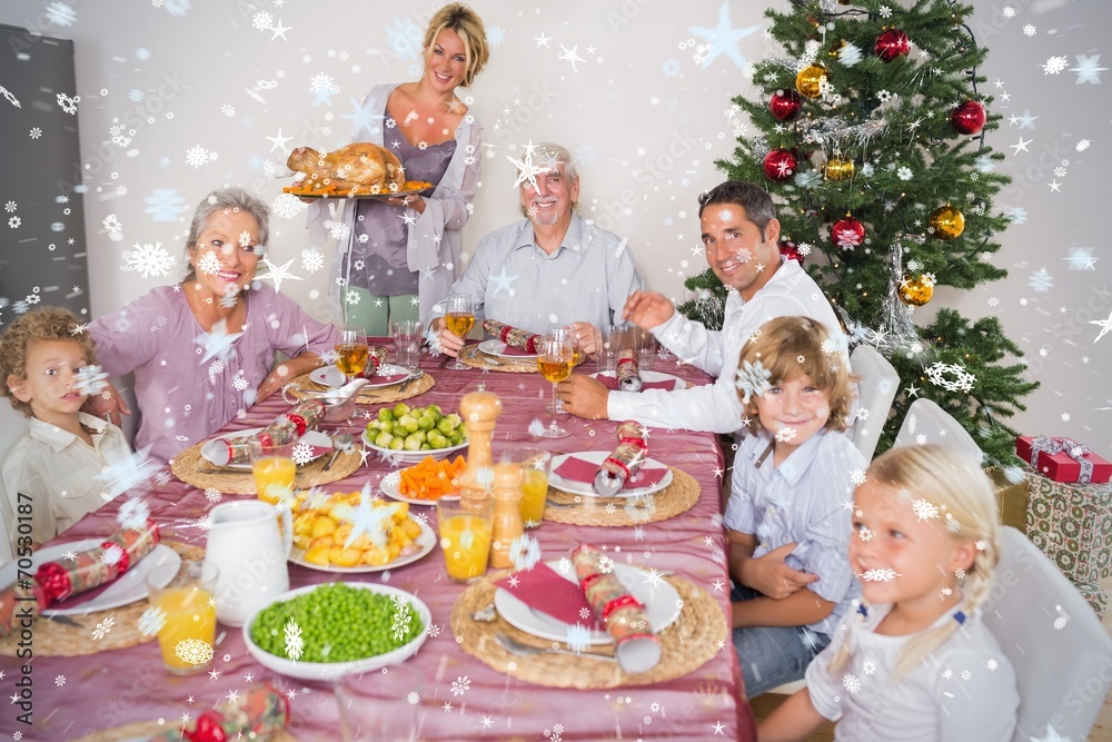Composite image of mother bringing turkey to dinner table Composite image of mother bringing turkey to dinner table