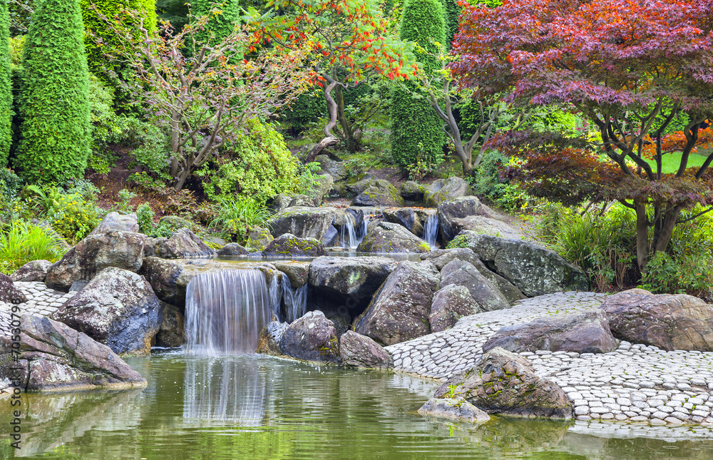 Cascade waterfall in Japanese garden in Bonn - obrazy, fototapety, plakaty 