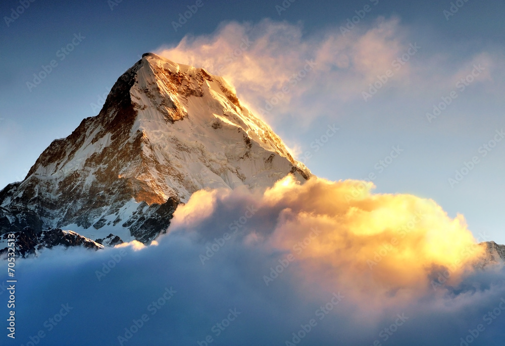 Sunrise at Annapurna mountains range, Machapuchere mountain - obrazy, fototapety, plakaty 