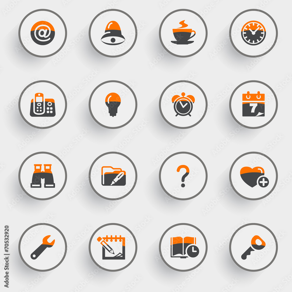 Organizer icons with white buttons on gray background. Organizer icons with white buttons on gray background.
