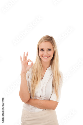 Thinking Blond Woman Showing OK sign
