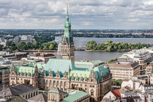 View of the old center of Hamburg and the lake.