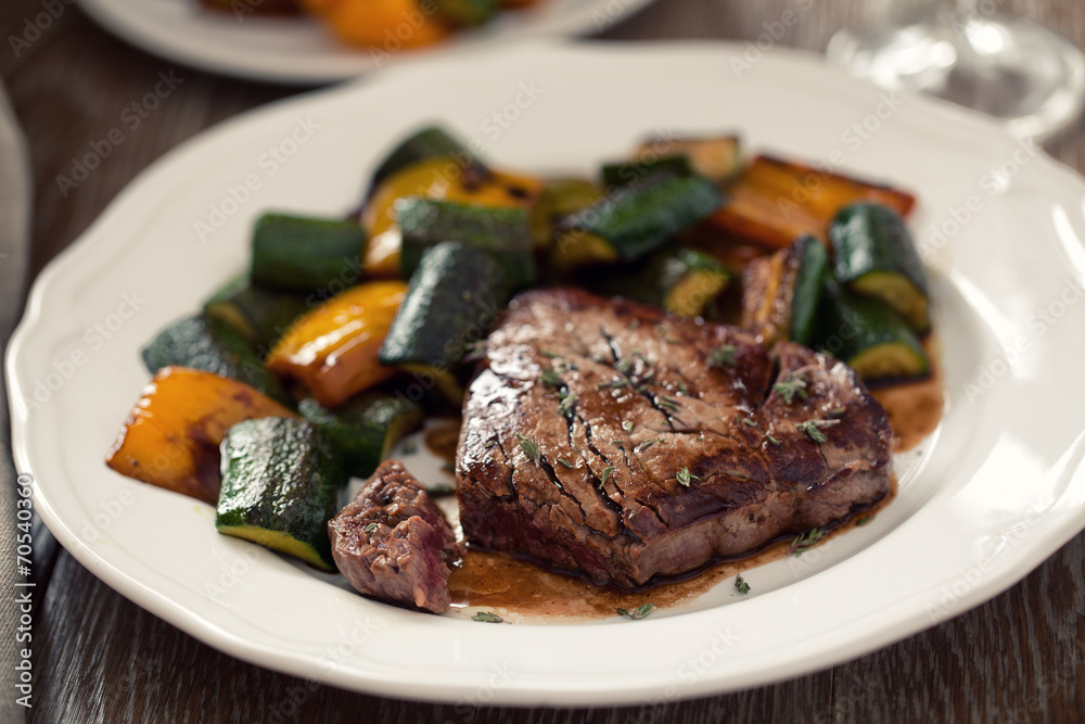 Fillet of beef with mixed vegetables.