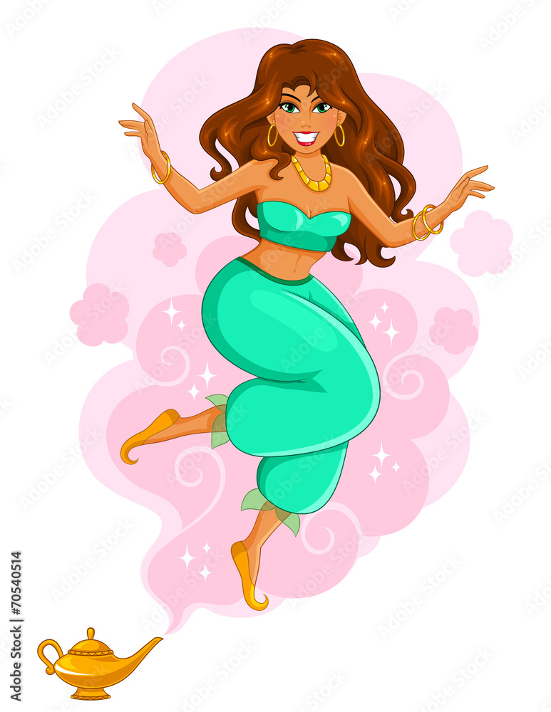 beautiful female genie coming out of a magic lamp Stock Vector