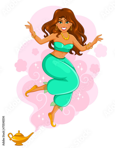 beautiful female genie coming out of a magic lamp