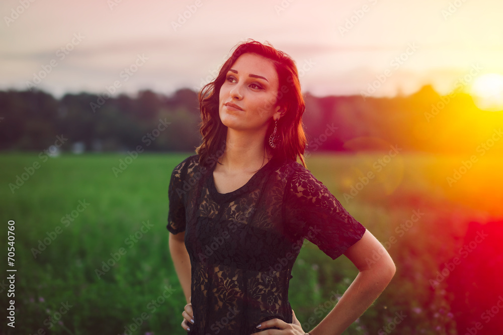 Pretty Lady in Sexy Black Attire at Green Field Pretty Lady in Sexy Black Attire at Green Field