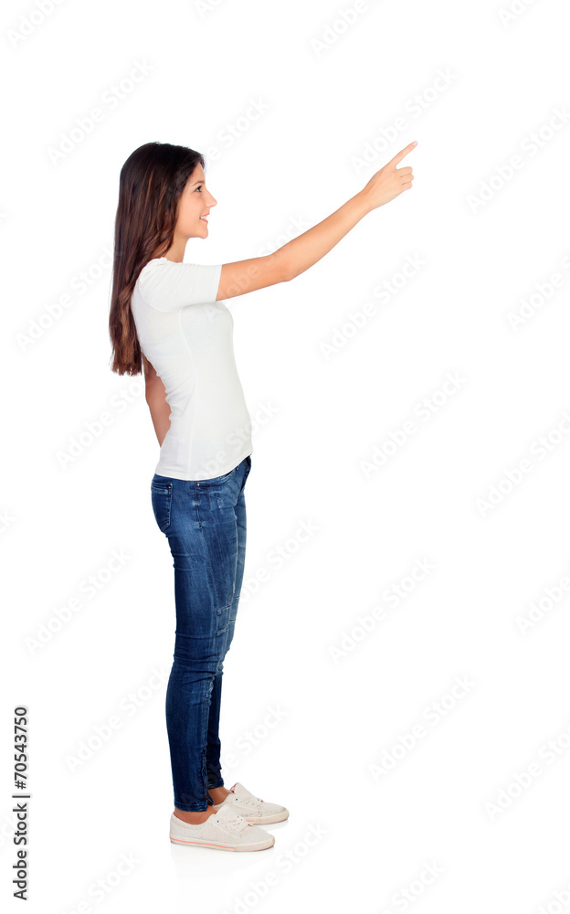 Casual girl pointing something at side Casual girl pointing something at side