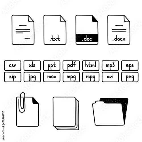 Hand draw doodle sketch set of document file fomats icons