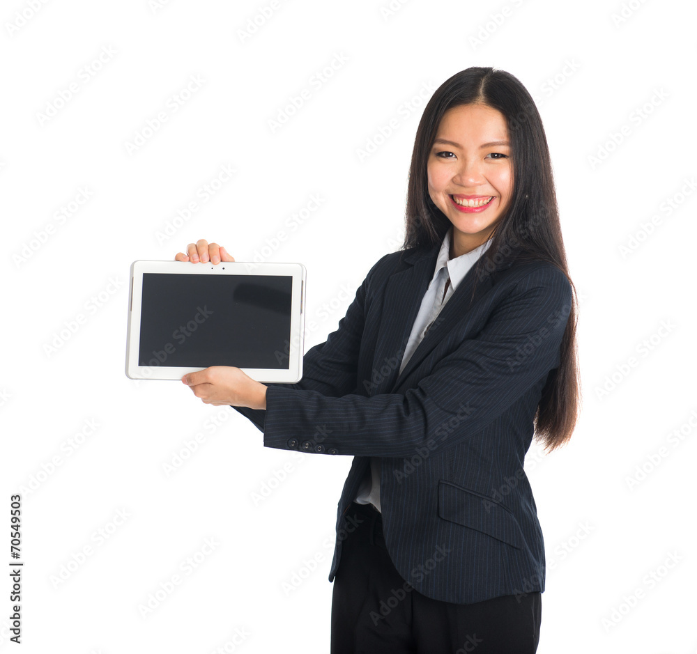 asian business woman showing off tablet asian business woman showing off tablet