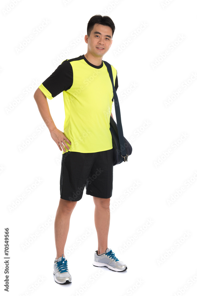 asian badminton chinese player with bag in white background asian badminton chinese player with bag in white background