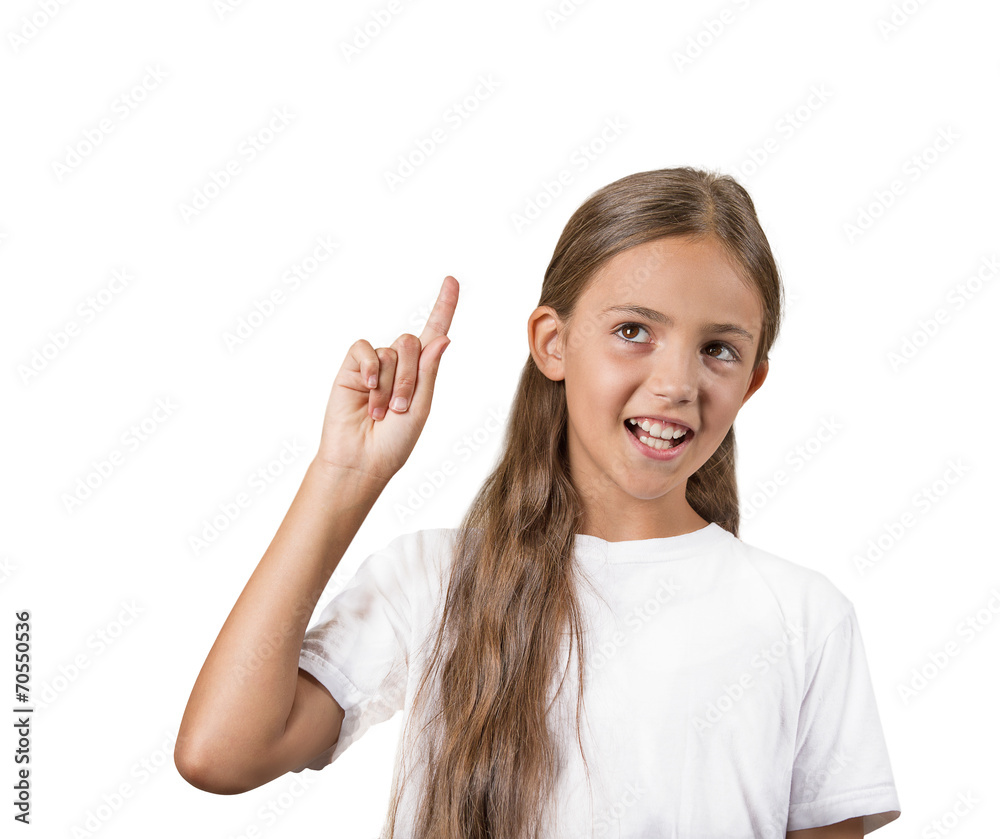 Girl looking, pointing up has idea isolated on white background Girl looking, pointing up has idea isolated on white background
