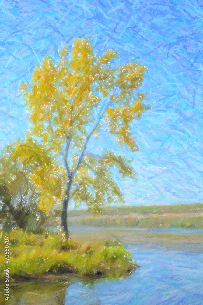 Fototapeta premium Autumn landscape. Yellow tree next to the river. Digital structu
