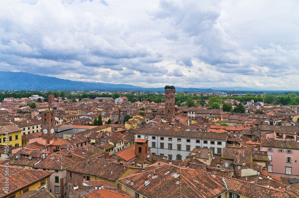 Cityscape of Lucca with Guinigi tower in background, Tuscany