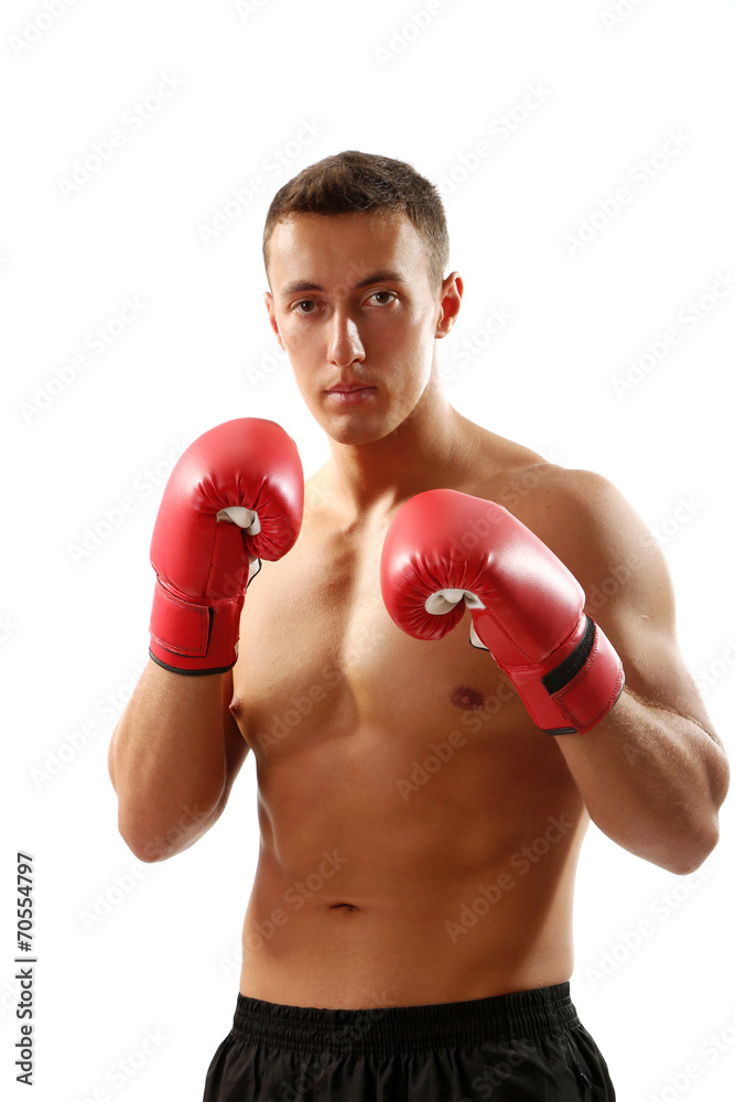 Handsome young muscular sportsman with boxing gloves isolated