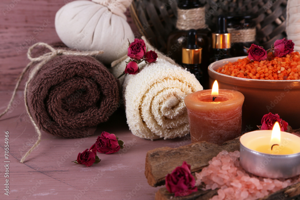 Composition with spa treatment on wooden background Composition with spa treatment on wooden background