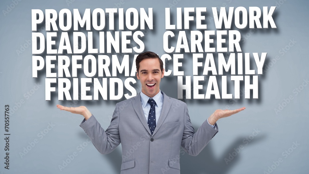 Composite image of smiling businessman presenting Composite image of smiling businessman presenting