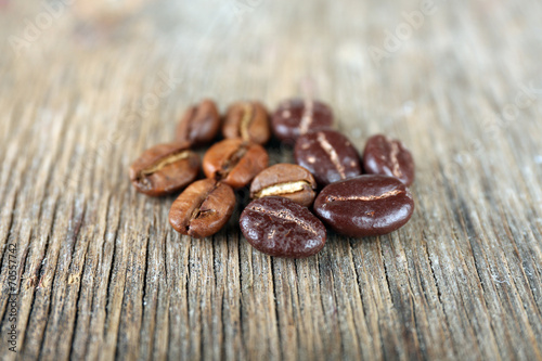 Coffee beans with chocolate glaze on wooden background