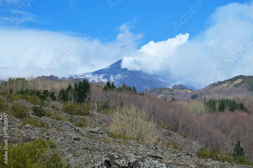 Etna with the smoking peak and spring slopes