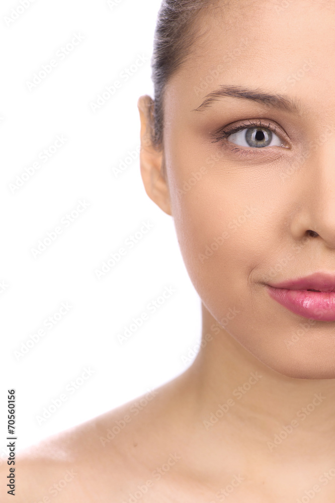 Facial half front portrait of woman smooth face.