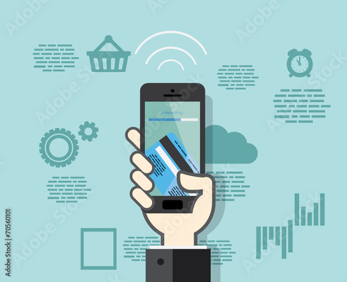 Flat design style smartphone with mobile payments from credit ca