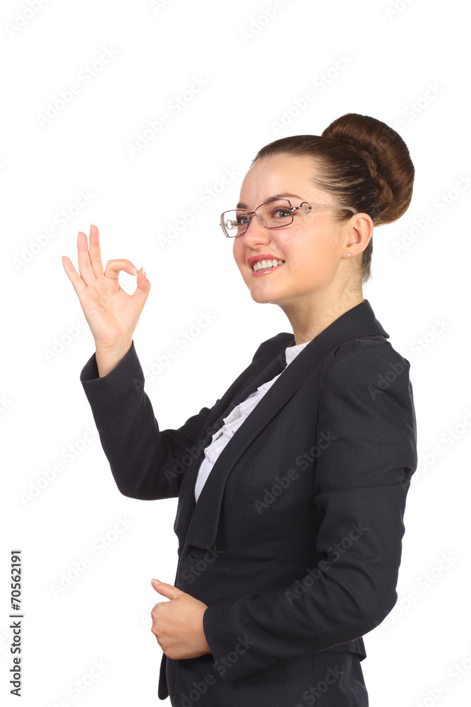 business woman in glasses and suit made gesture ok business woman in glasses and suit made gesture ok