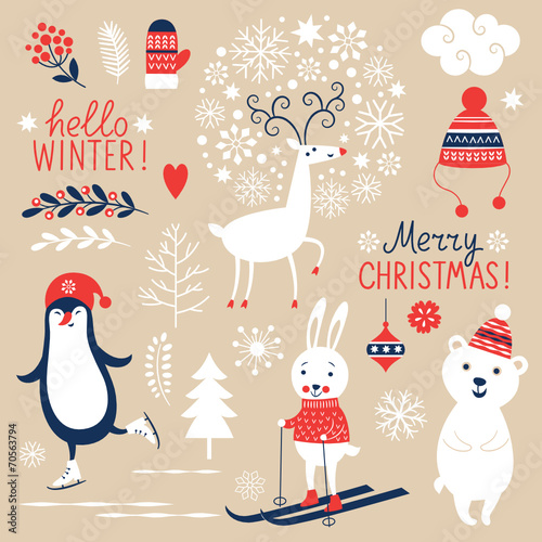 Set of Christmas graphic elements on beige background