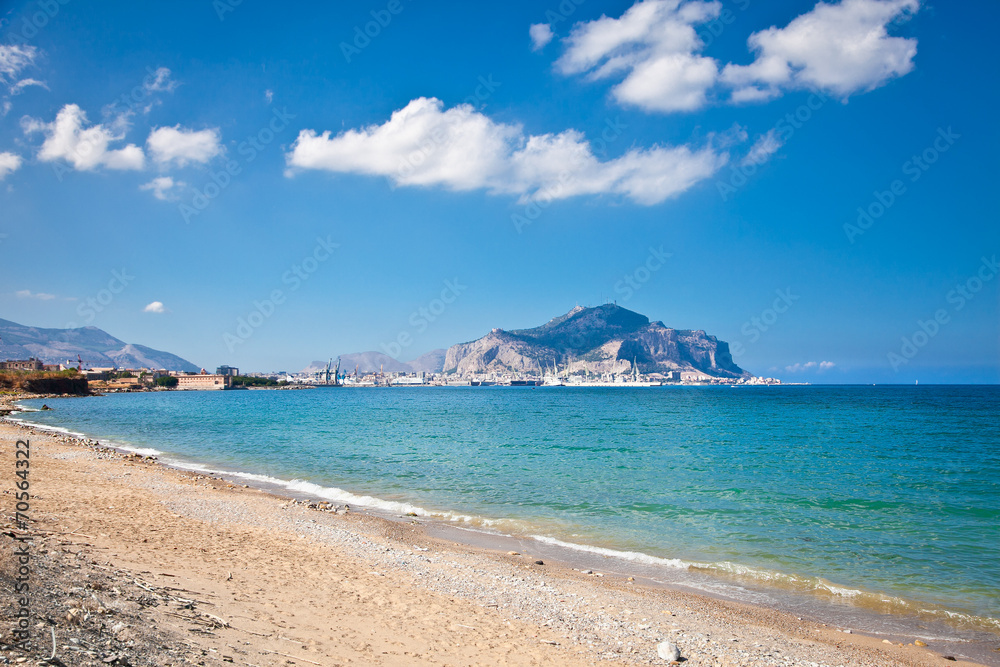 Panoramic view on beach and port of Palermo, Sicily.