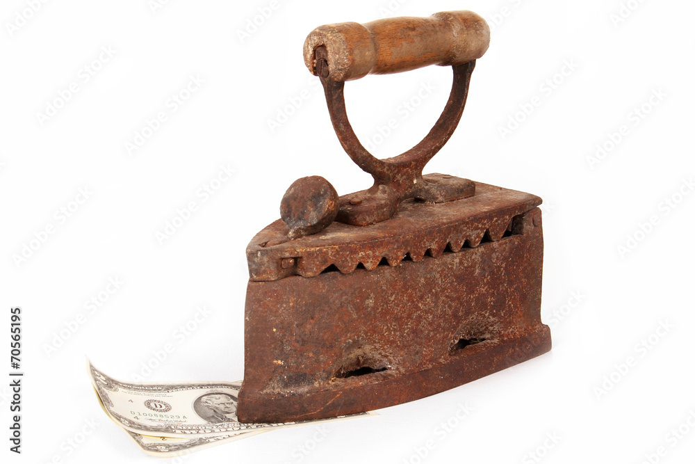 United States two dollar bill under Old charcoal iron United States two dollar bill under Old charcoal iron
