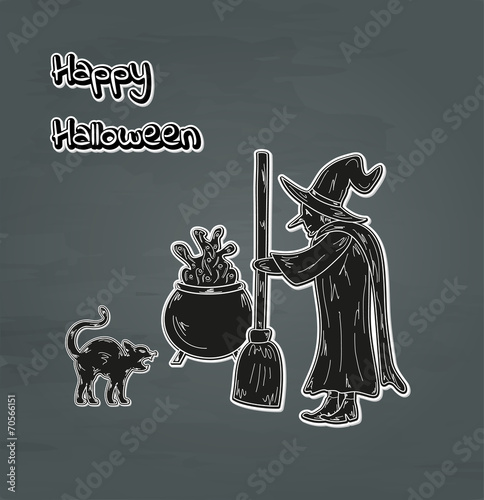 old witch, cat and cauldron
