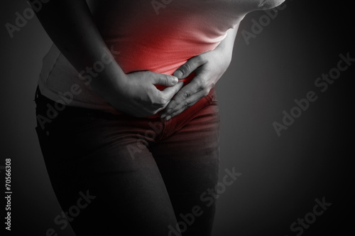 Lady abdominal pain. Black and white photo