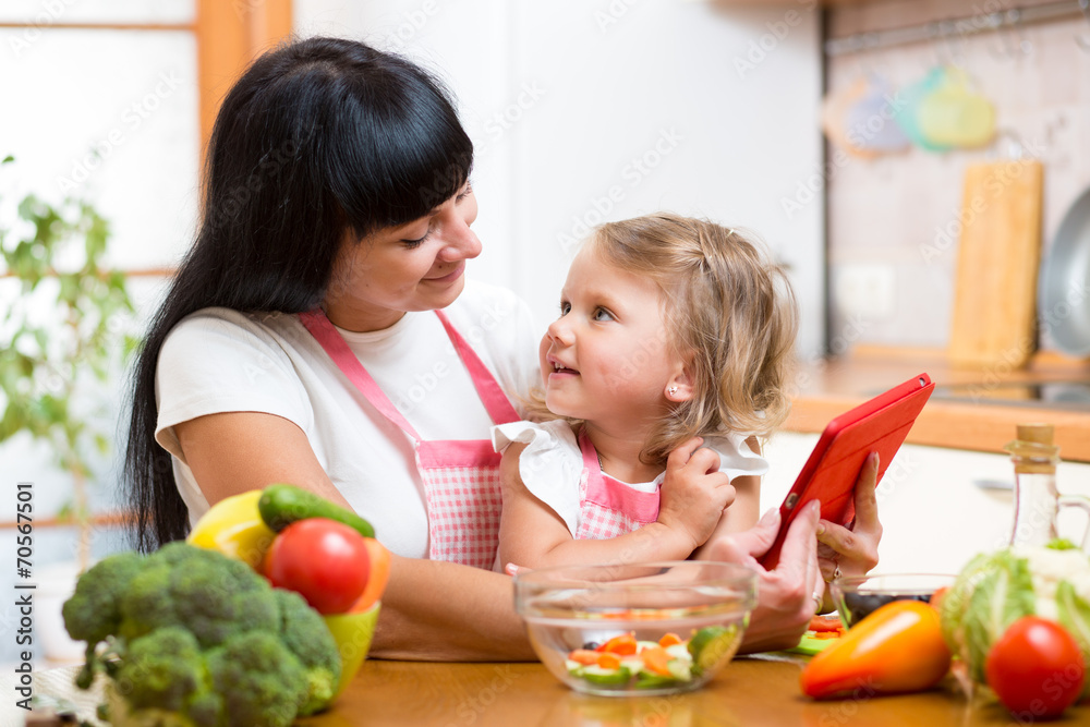 Mother and child preparing vegetables together at kitchen and lo