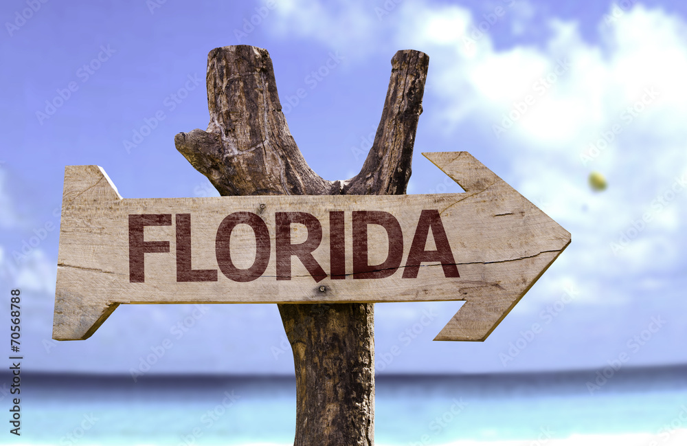 Florida wooden sign with a beach on background