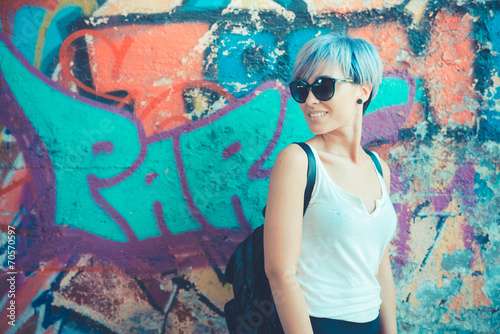 young beautiful short blue hair hipster woman