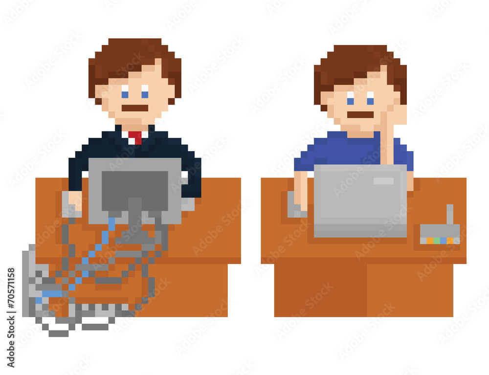 pixel art illustration shows office table with wireless and pixel art illustration shows office table with wireless and