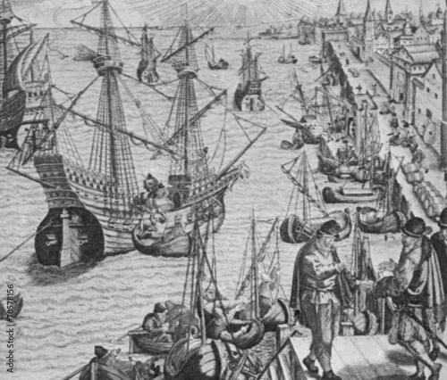 Portuguese ships preparing to depart from Lisbon. c 1593