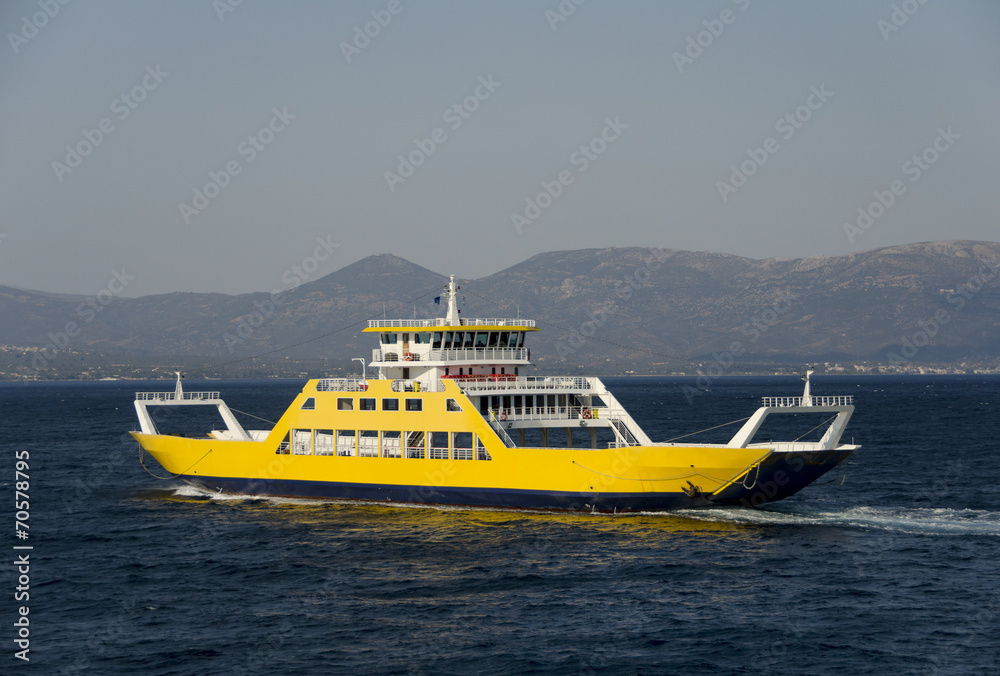 yellow ferryboat for the transport of people and cars yellow ferryboat for the transport of people and cars