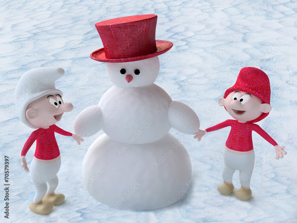 3D Funny Gnomes with a Snowman - obrazy, fototapety, plakaty 