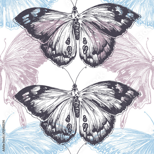 Hand drawn butterfly seamless pattern, texture pastels over whit