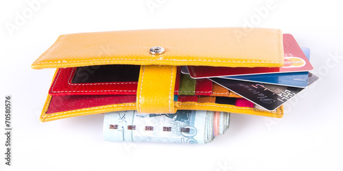 wallet. woman wallet with money on a background