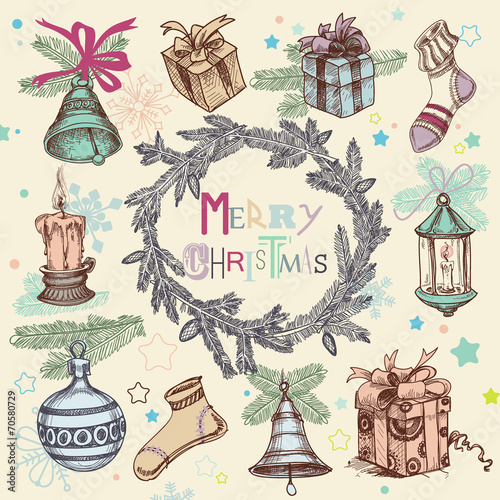 Vintage Christmas vector illustration, fir tree frame wreath and