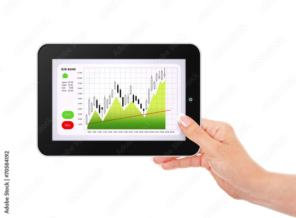 hand holding tablet with stock market chart isolated over white hand holding tablet with stock market chart isolated over white