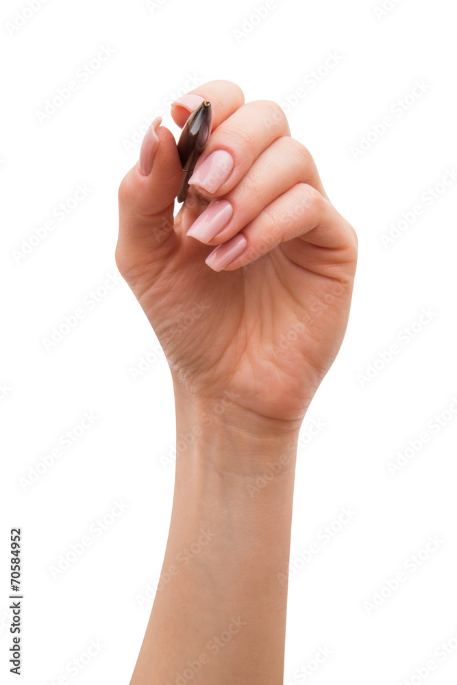 Female hand is ready for drawing with black marker. Isolated on Female hand is ready for drawing with black marker. Isolated on