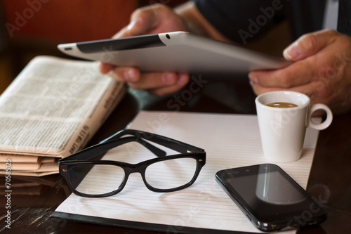 Cup Coffee Newspaper Tablet Hands Phone