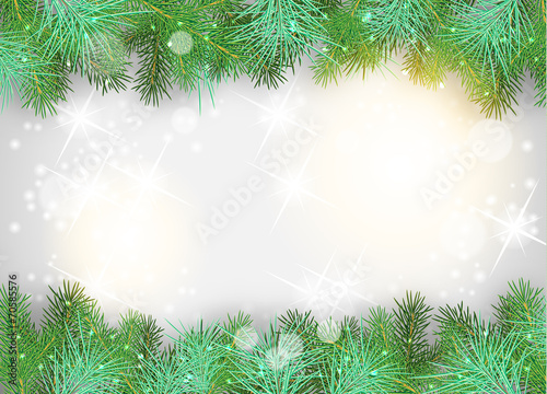 Christmas background with green branches and sparkles