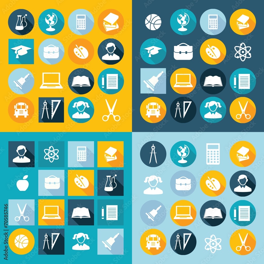 Set of education icons in flat style with long shadows Set of education icons in flat style with long shadows