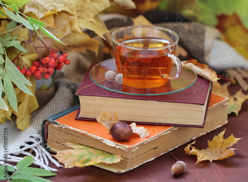 Still life with tea, books and autumn leaves