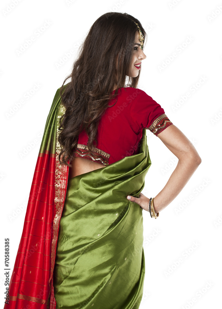 Young pretty woman in indian green dress